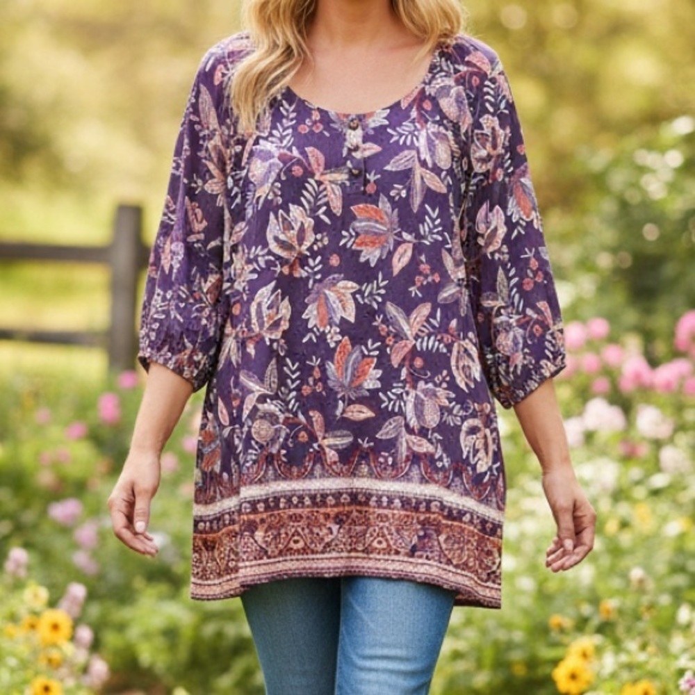 CJ Banks Floral Purple Peasant Gathered Neckline And Cuffs Tunic Top NWT $50